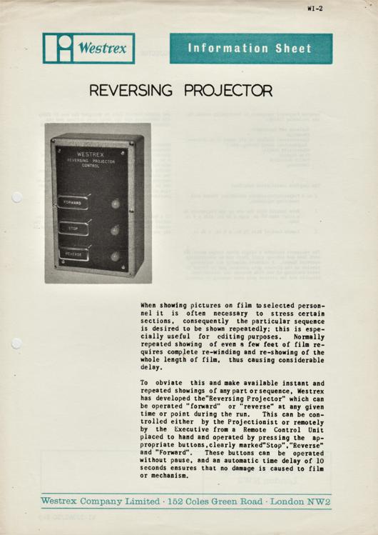 A preview of the Westrex Reversing Projector Information Sheet document.
